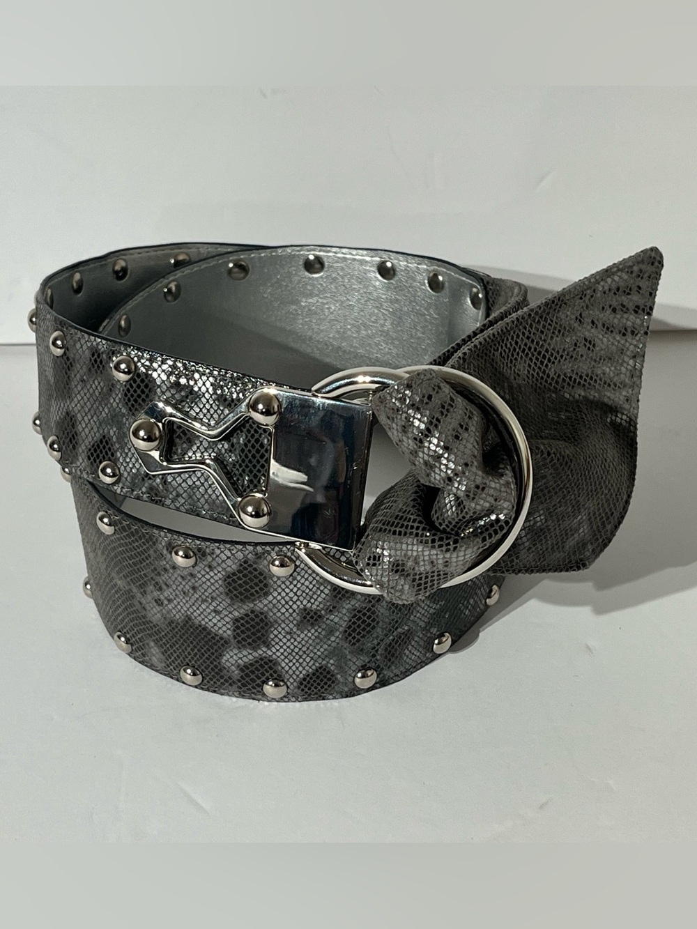 Vintage Y2K PER SE Leather Belt Buckle Silver Snakeskin Studded Made in USA